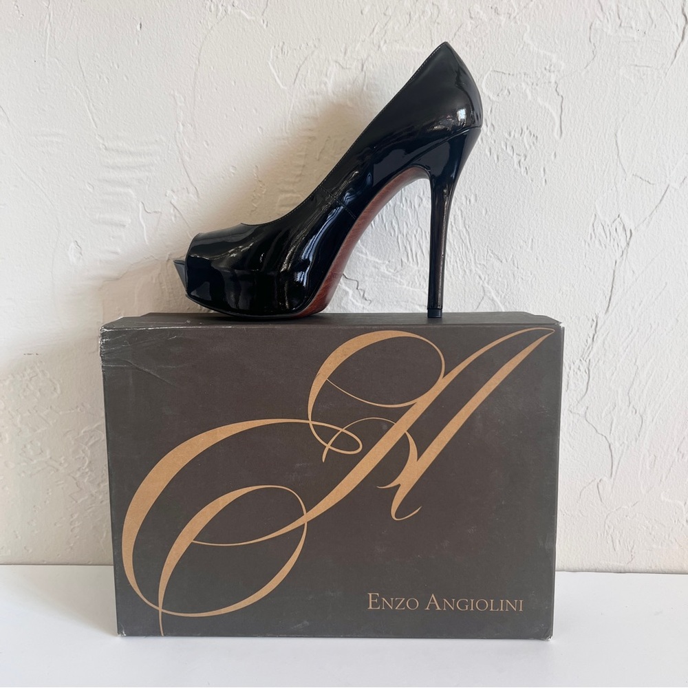 NIB Enzo Angiolini Glossy Black Patent Leather Platform Peep-Toe Heels 8.5M